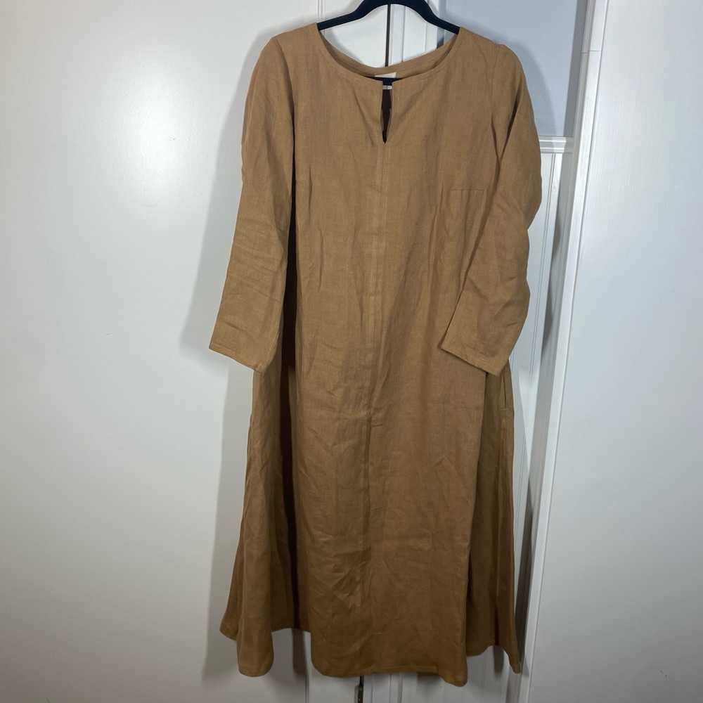 Linen handmade studio 100% linen smock midi maxi tunic‎ dress size xxl camel tan